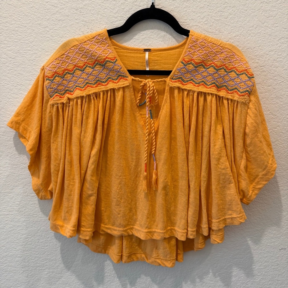 Free People Orange Embroidered Boho Peasant Blouse Tassel Tie Gauze Top Small